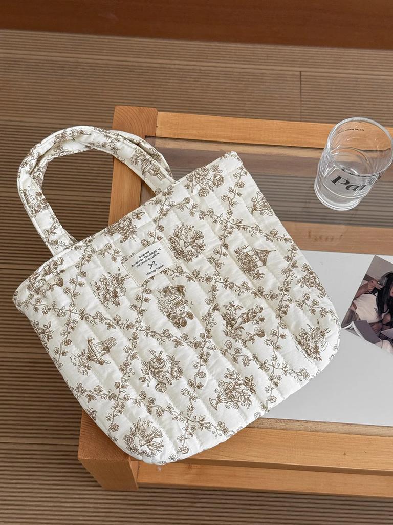 Quilted Cotton Women's Cute Flower Handbags Portable Ladies Small Tote Shoulder Bags Retro Design Casual Female Lunch Bento Bag
