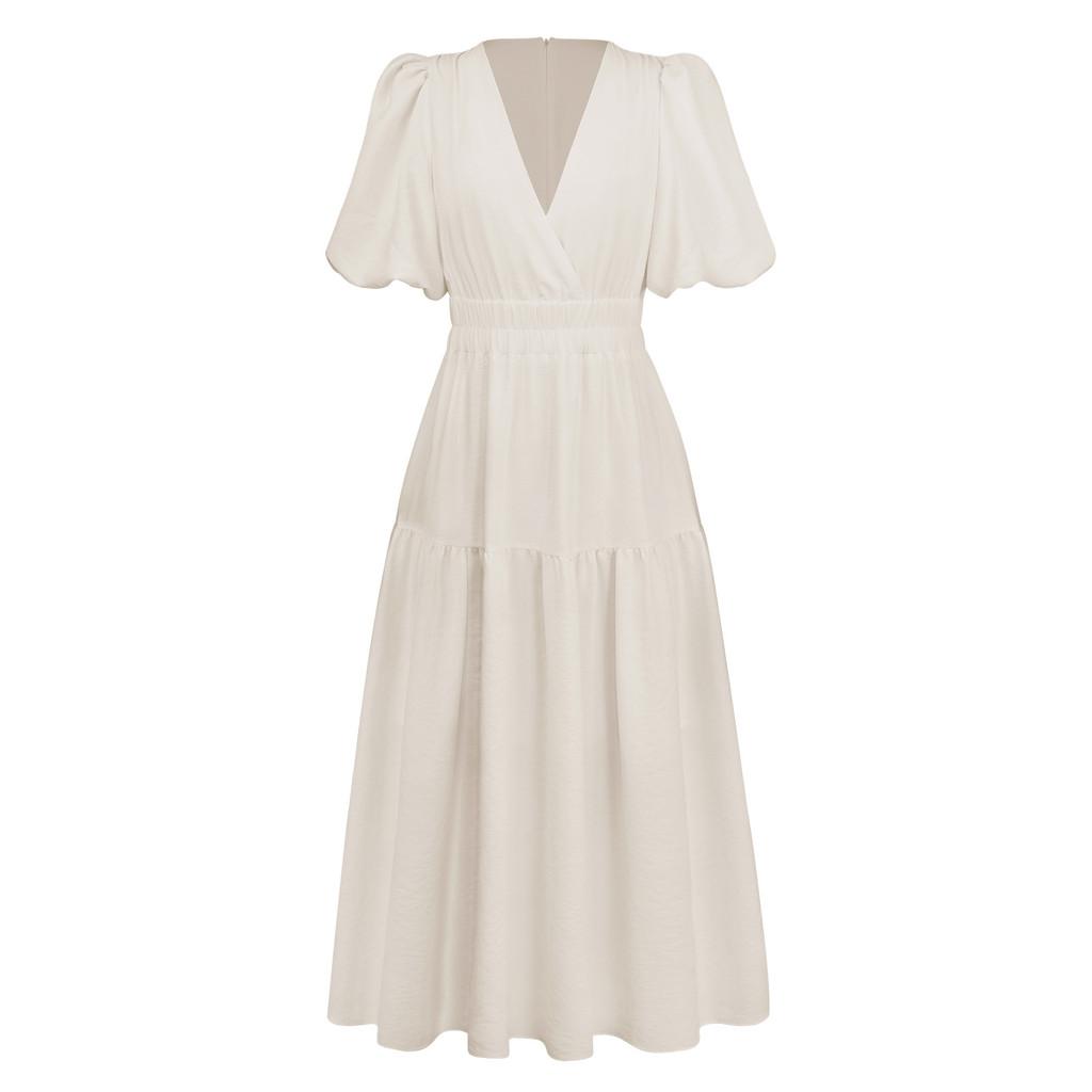 Summer Elegant Deep V Bubble Sleeve Maxi Dress With Pleated Fabric For Women