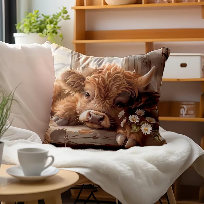 Vikama Highland Cow Print Pillowcase Animal-Themed Cute Design For Living Room Sofa And Bedroom Decor