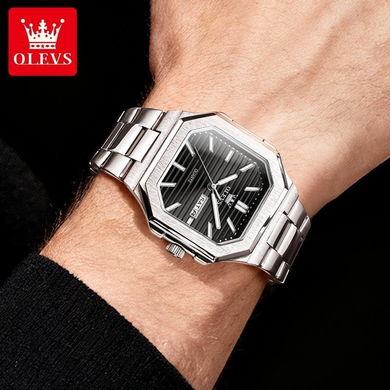 OLEVS Watch Luxury Man Original Square Quartz Watch Stainless Steel Waterproof Luminous Week Date Watches For Man