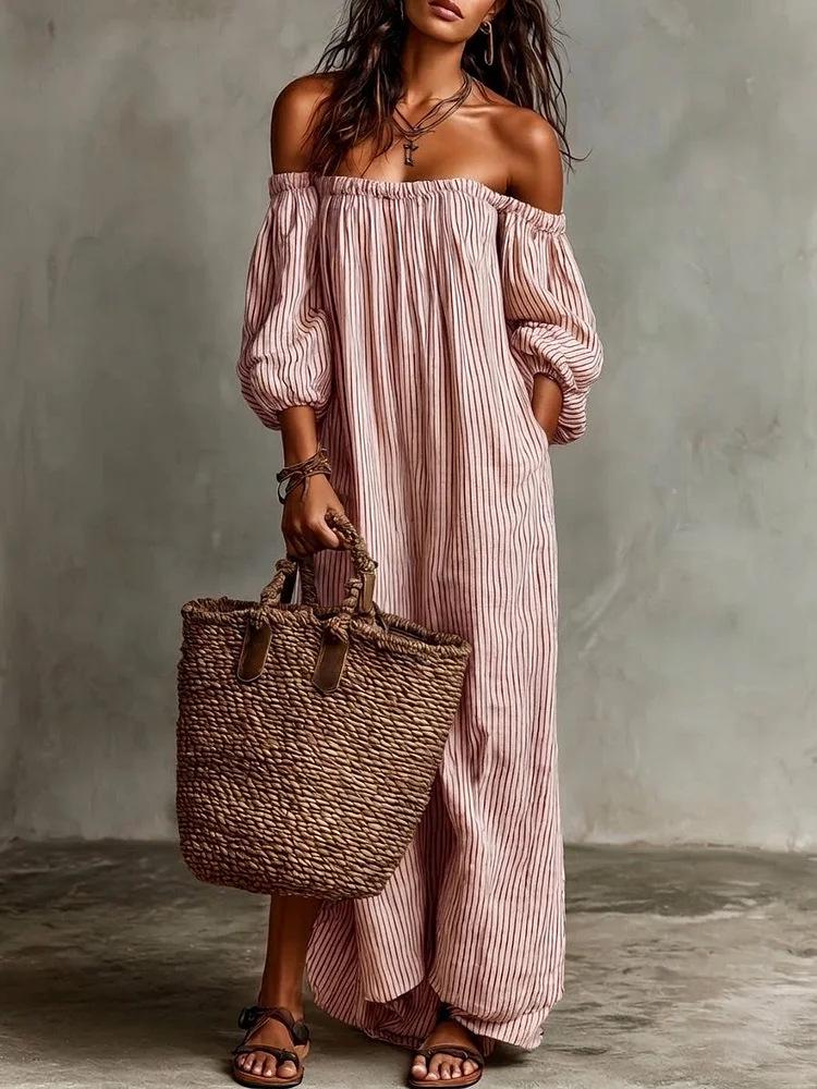 In Stock 2026: New European & American Style Women's Off-the-Shoulder Striped Dress for Spring & Summer Vacation