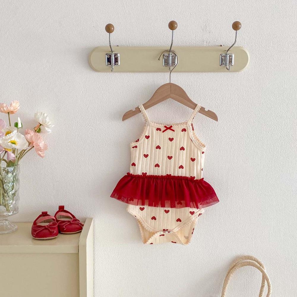 Cute Sweet Summer Baby Girl Onesies Butterfly And Heart Print Cotton Baby Mesh Skirt Bodysuit Simple Comfortable Baby Romper