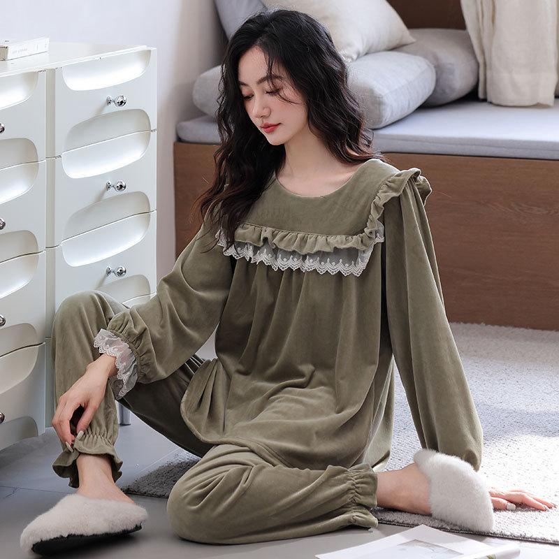 Pajamas Women'S Autumn And Winter Island Velvet Red Natal Year Women'S Thin Velvet Loungewear Suit Winter