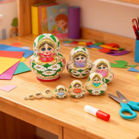 10Pcs/Set Vintage Russian Nesting Doll Handmade Wooden Matryoshka Doll 10 Layers Girl Stacking Toy Home Office Desktop Decoration Ornament