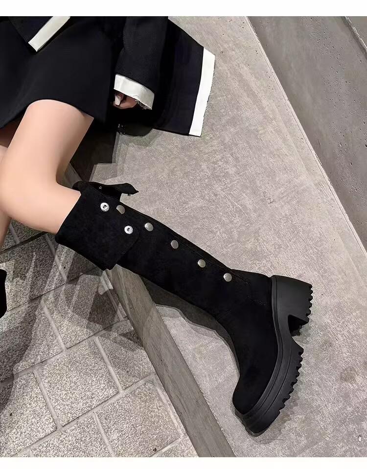 [Ogromna wysokość wyświetlacza 8 cm] Długie buty na grubej podeszwie, niewielkie podwyższenie, buty jeździeckie za kostkę, damskie składane buty westernowe