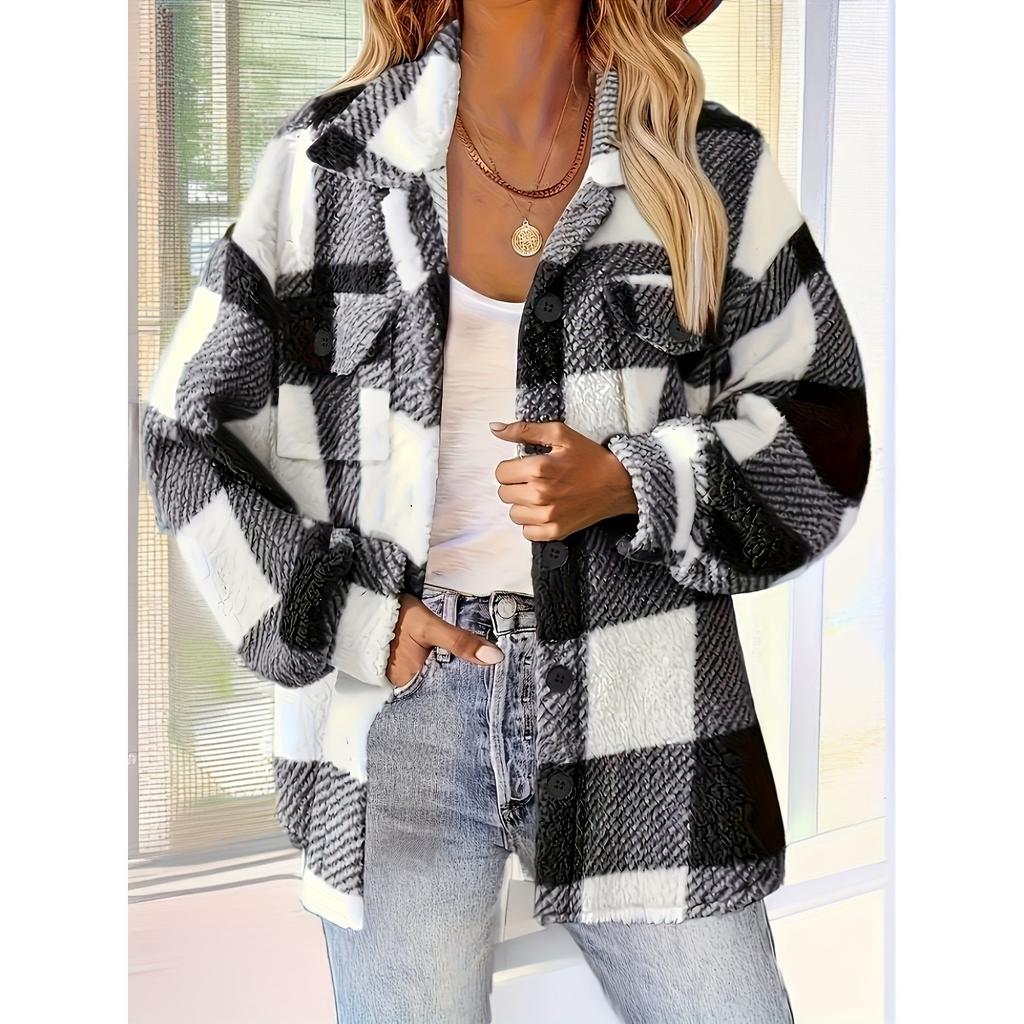Ladies' Plush Fleece Winter Coat - Grid High Stretch Coat, Middle Eastern Elegant Collection, Machine Washable for Autumn and Winter