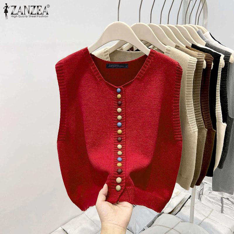 ZANZEA Women V Neck Sleeveless Colorful Buttons Casual Knitted Cropped Vest Tops