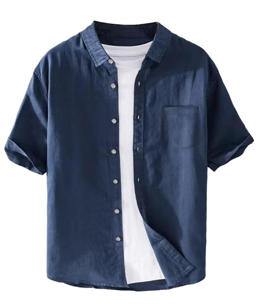 EASTEMPO Summer Short Sleeve Loose Solid Plus Sizes Men's Cotton-Linen Shirt, Casual, Business, Fit, Stylish, Lightweight, Color, (JP, Alphabet, 2XL,