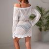 Damen Weiß Häkelstrick Strand Überwurf Kleid Schulterfrei Langarm Durchsichtig Badeanzug Überwurf