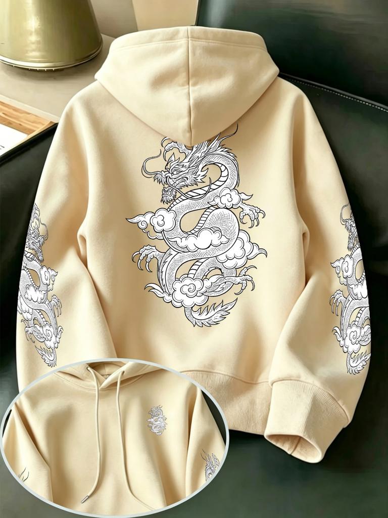 Men's Auspicious Cloud and White Dragon Ink Painting Print Hooded Sweatshirt, Retro Japanese Traditional Ukiyo-e Style Pullover