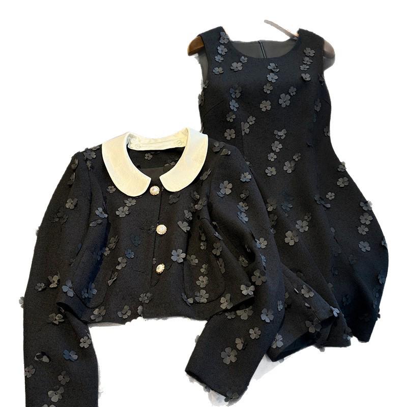 Autumn Black Socialite Style Two-Piece Petal Dress: Chic & Fashionable High-End Short Set