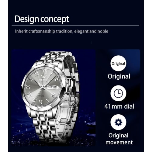 OLEVS Men's Watch, Waterproof, Luminous Business Watch, Analog Quartz, Stylish, Silver Watch, Metal, Gray Dial, Date, Popular Fashion, Hand Watch for