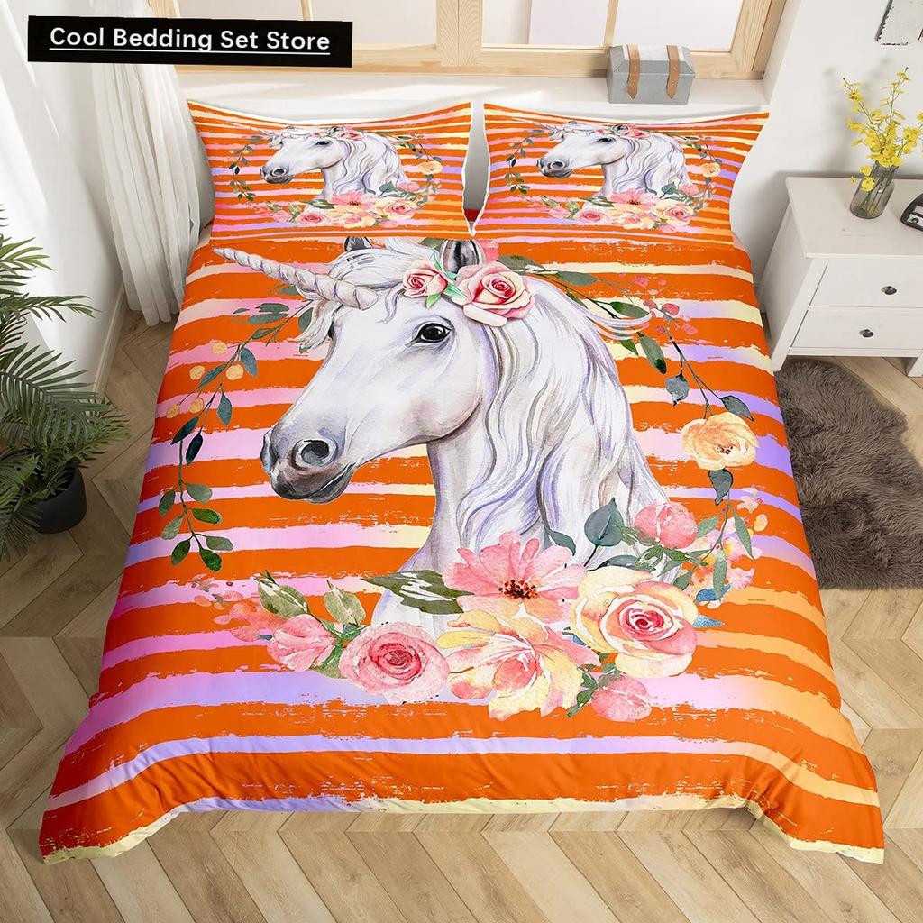 Kids Unicorn Stars King Queen Duvet Cover Cartoon Magic Animal Bedding Set Rainbow Shiny Quilt Cover Polyester Comforter Cover