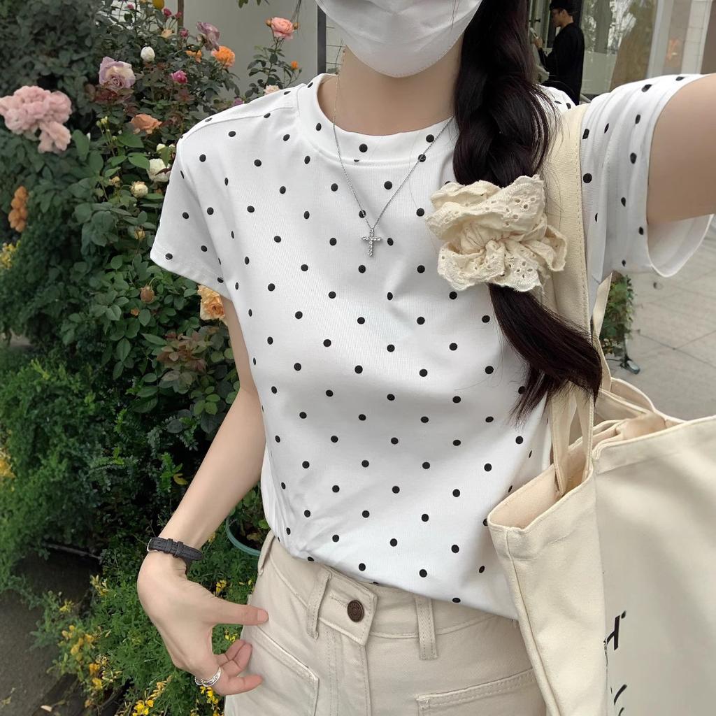 Polka Dot Short-sleeved T-shirt for Women's Summer New Design Slim Round Neck Straight Shoulder Slim Short Top
