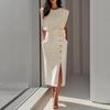 Women'S Round Neck Sleeveless Button-Split Solid Color Dress Long Dress