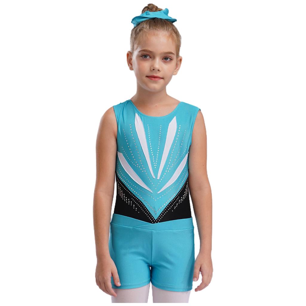 Mädchen Gymnastik Tanz Set Ärmellos Cut-out Rücken Glitzernde Strasssteine Trikot V-Bund Shorts Haargummi