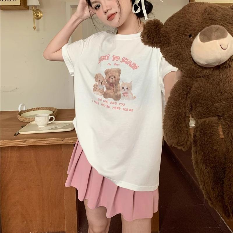 Summer Women Funny Cartoon Print T-Shirt Harajuku Round Neck Loose Casual Y2K Tops Young Girl Graphic T Shirts Pink Streetwear