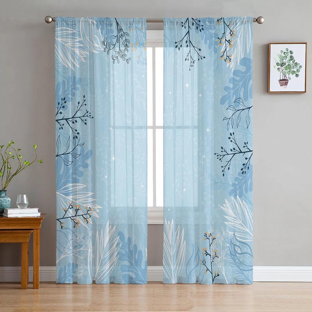 Blue Watercolor Flower Tulle Curtains For Living Room Chiffon Voile Sheer Window Curtain For Bedroom