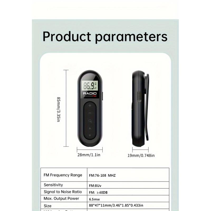 Mini oppladbar bærbar FM-radioklips - kompakt design, lang batterilevetid, hodetelefoner inkludert