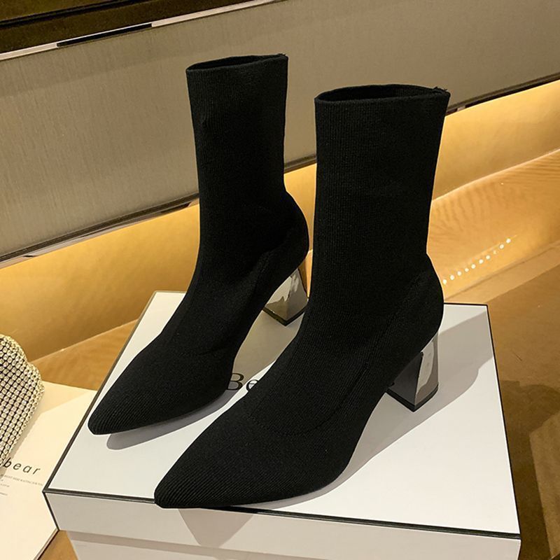 2025 Spring and Autumn Fashion Versatile Single Boots Versatile Short Boots Pointed Thick Heel High Heel Martin Boots Knitted Stretch Socks Women