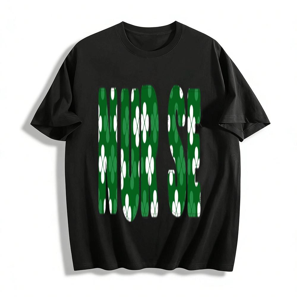 

St. Patrick s Day Clover Print Nurse Themed Casual Top Pure cotton T-shirt XXS