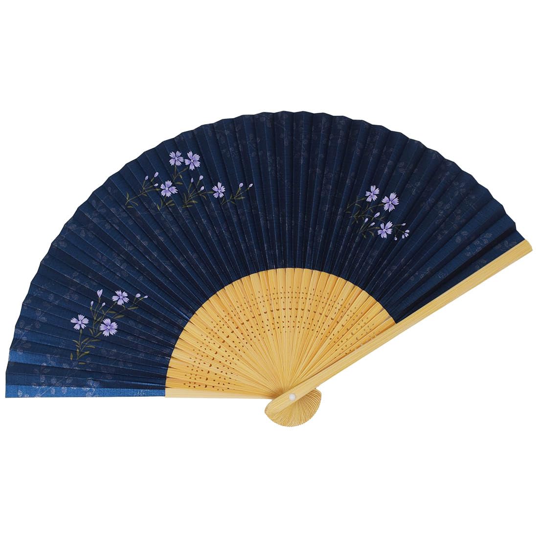 

[Stylish Kimono Iroha] High-Quality Painted Folding Fan, Made in Japan, White Bamboo with Medium Carving, Nadeshiko Design, Navy Pearl Ground, Scented