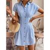 European and American Summer Women's Shirt Dress Blue Striped Cardigan Short-sleeved Dress
