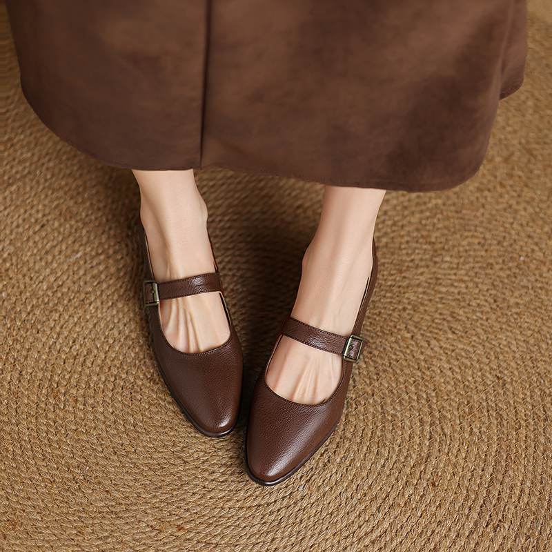 Krazing Pot Sheepskin Autumn Winter Shoes Buckle Straps Low Heels Mary Janes Size 40 Round Toe Brown Color Pumps