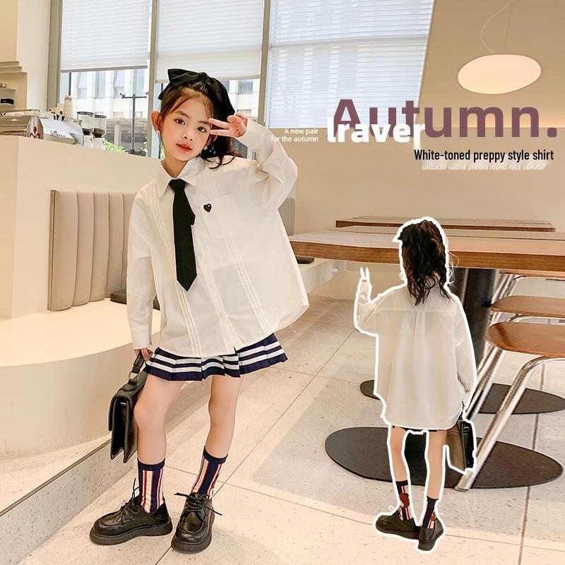 Spring Girls' Academy Long Sleeve Lapel Shirt - Korean Style for Medium and Large Girls