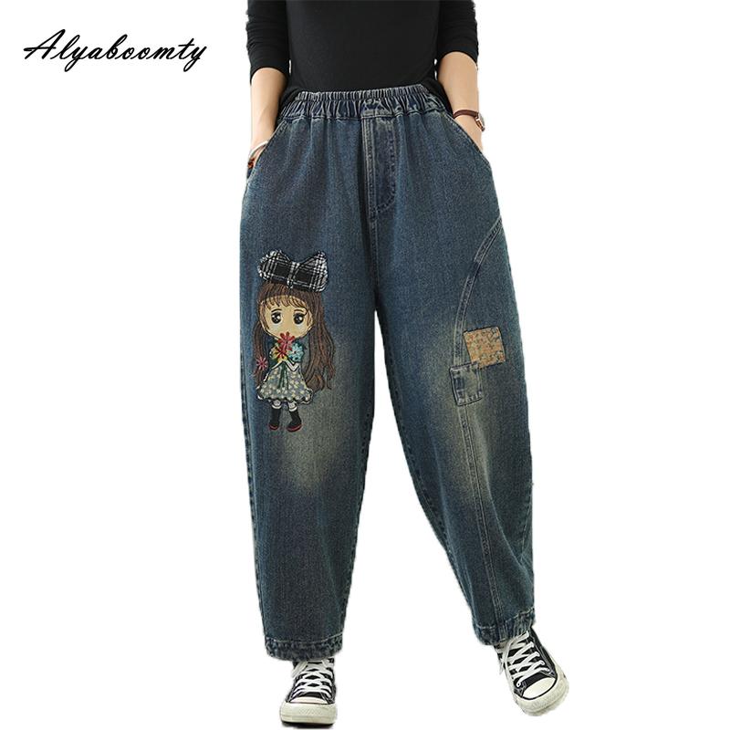 Korean Fashion Spring Autumn Women Harem Jeans Plus Size Elastic Waist Embroidery Cartoon Girl Denim Pants Casual Loose Cute Ladies' Basic Jeans