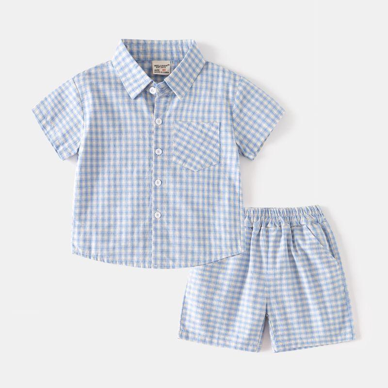 Summer Boys Short-Sleeved Two-Piece Suit, Kidsren s Plaid Shirt, Pure Cotton Lapel Shirt, Baby Boy Shorts, Trendy Kidsren s Clothing Blue Plaid Short-Sleeved Shirt Suit 100 cm
