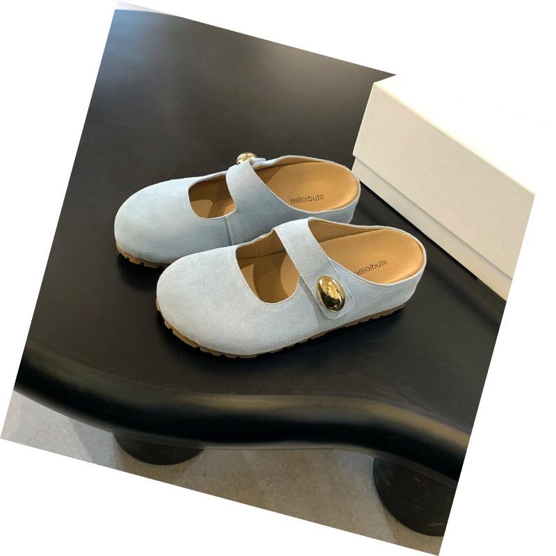 Cowhide version, height increased by 5cm~ Small golden beans, big round head, soft and cute, height increased half slippers, women