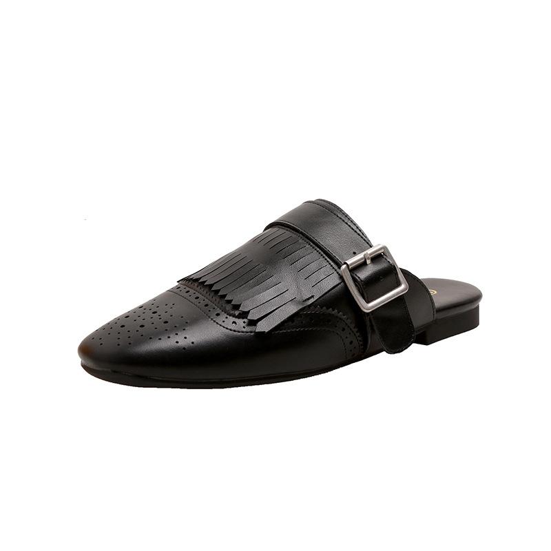 

Виноградная мать в том же стиле, телячья кожа универсальная ретро Брок гравированная кисточка пряжка с Мюллер плоская подошва полу-шлепанцы женские летние 40 чёрный