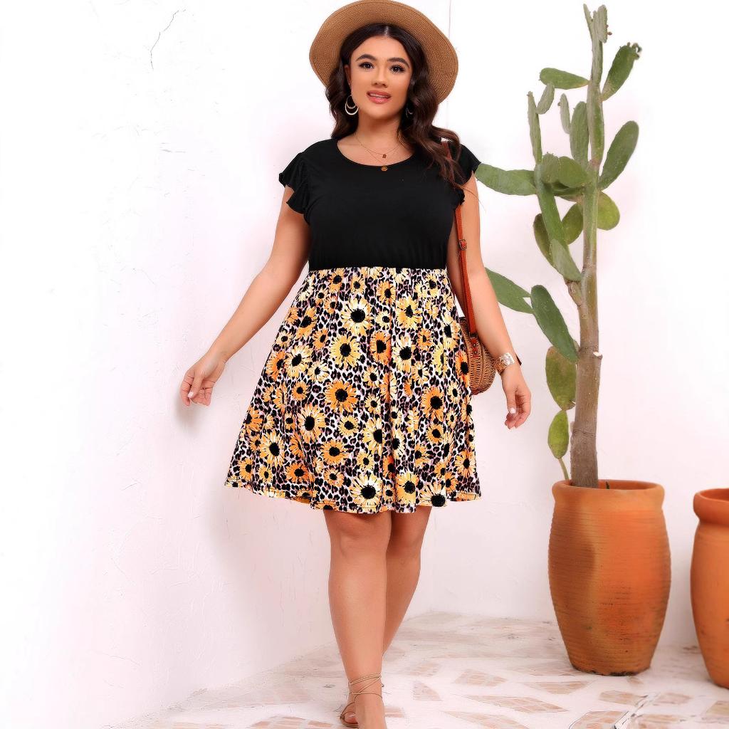 QICED Plus-size Women's Summer Dress Small Daisy Print Patchwork Sleeveless Vest Dress