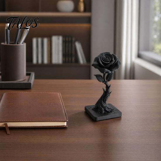 Talos 3D Printed Black Rose Statue Ornament, Gothic Dark Style Figurine, Artistic Flame Base Flower Decor, Exquisite Decoration for Home Office