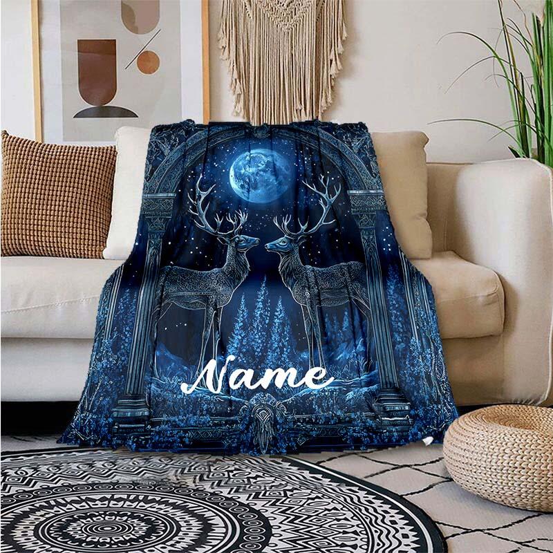 Deer Under The Moon Customize Your Name Blanket Used For Chair Office Sofa Bed Camping Soft And Warm Giving Friends And Relatives Birthday Graduation