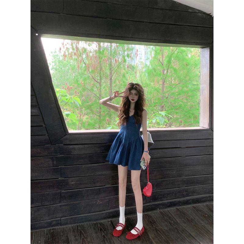 Kumikumi Elegant All-Match V-neck Denim Sling One Piece Dress Women Clothing Summer High Sense Waist Hugging Slimming Short Dress