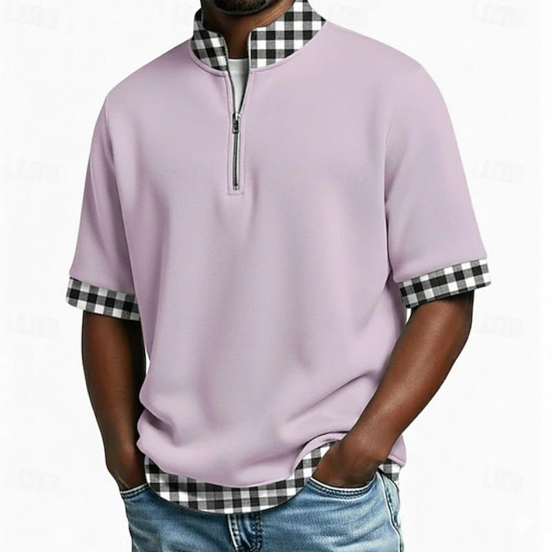 Mens Plaid Patchwork Half Zip Mock Neck Short Sleeve T Shirt