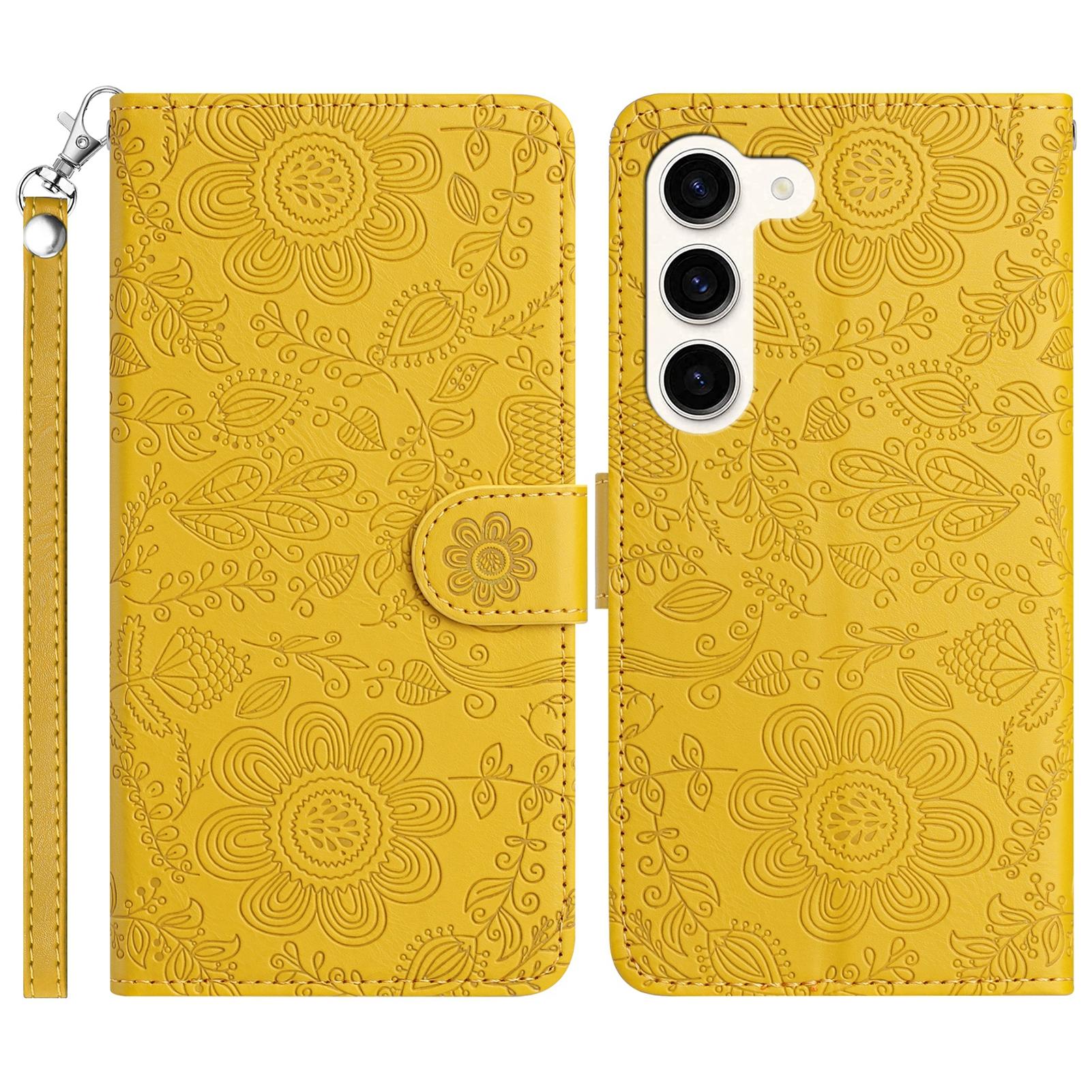 

For Samsung Galaxy S23+ Case Flower Imprint Leather Flip Wallet Phone Cover with Wrist Strap Yellow