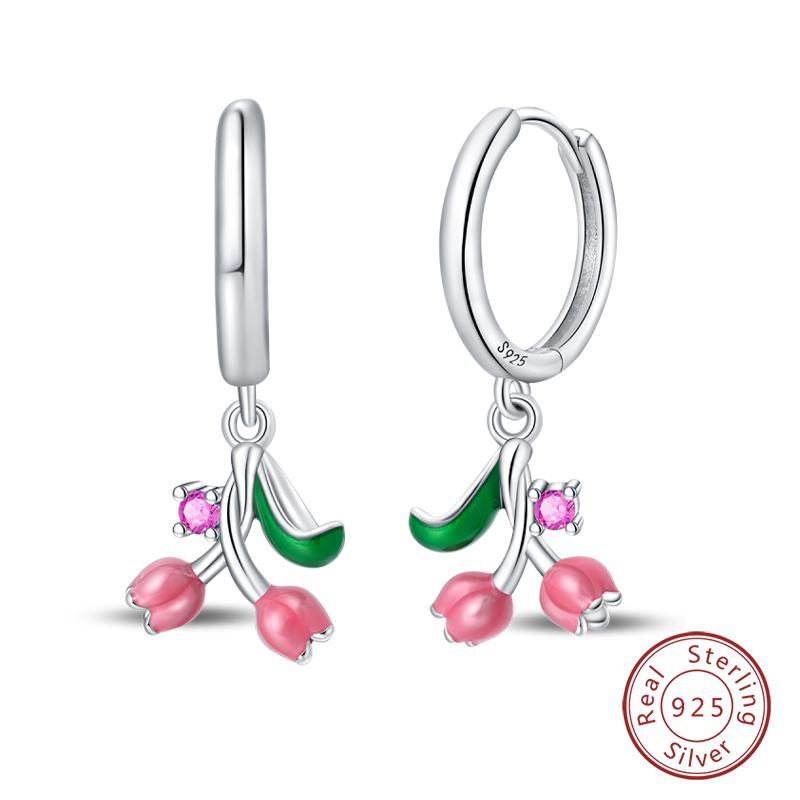 New 925 Silver Bee Butterfly Pink Lily Lotus Earrings For Women Cherry Apple Strawberry Ear Studs Elegant Party Jewelry