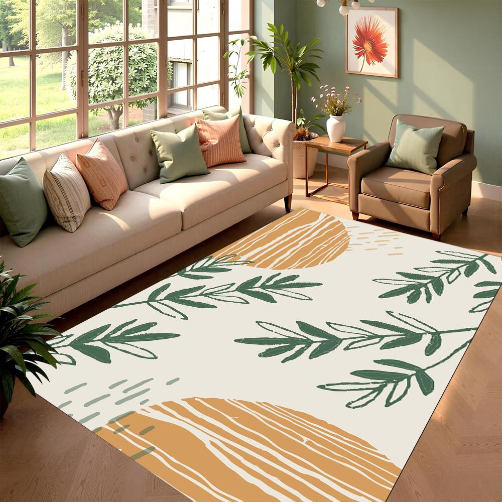 Minimalist Plants Illustrations Area Rug Geometric Line Leaves Design Modern Home Decor Carpet Soft Non-Slip Mat for Living Room