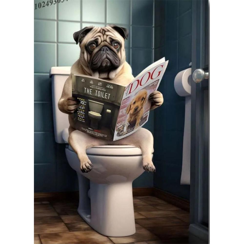 Hund sitzt auf der Toilette und liest Zeitung 5D DIY Diamantmalerei Kreuzstich Vollbohrer Runde Stickerei Heimdekoration Geschenke