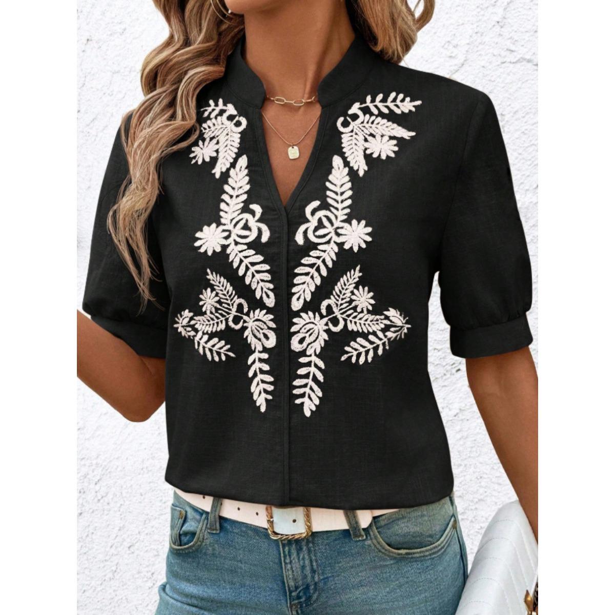 Cotton Embroidered Leaf Floral Top - Women s Embroidered Printed Fashionable Vintage Comfortable V-Neck Casual Short Sleeve Top XXL чёрный