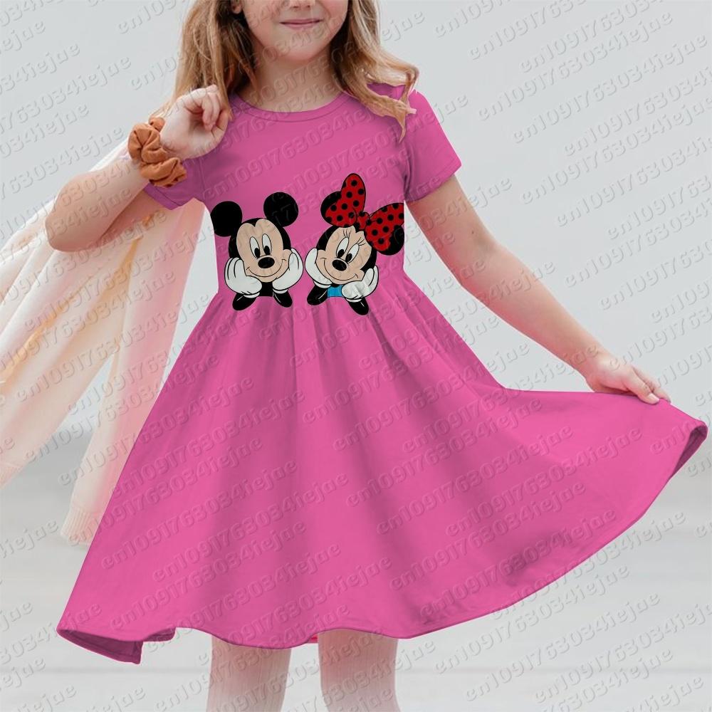 Disney Mickey Mouse Minnie Print Summer Dress Kids Girl Clothes Sweet Desserts Short Sleeve Casua Fashion Birthday Girl Dress
