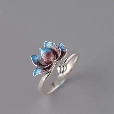 Vintage Blue Blooming Lotus Open Ring For Women Men  Silver Color Alloy Metal Female Rings Party Birthday Jewelry Gifts