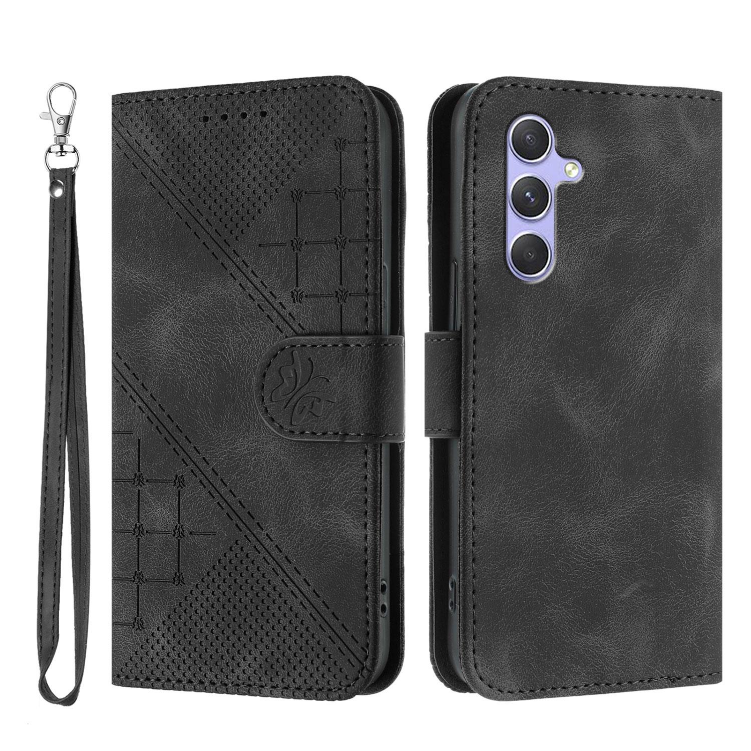 

For Samsung Galaxy A54 5G Leather Wallet Case Butterfly Flower Imprinted Phone Cover with Strap Black