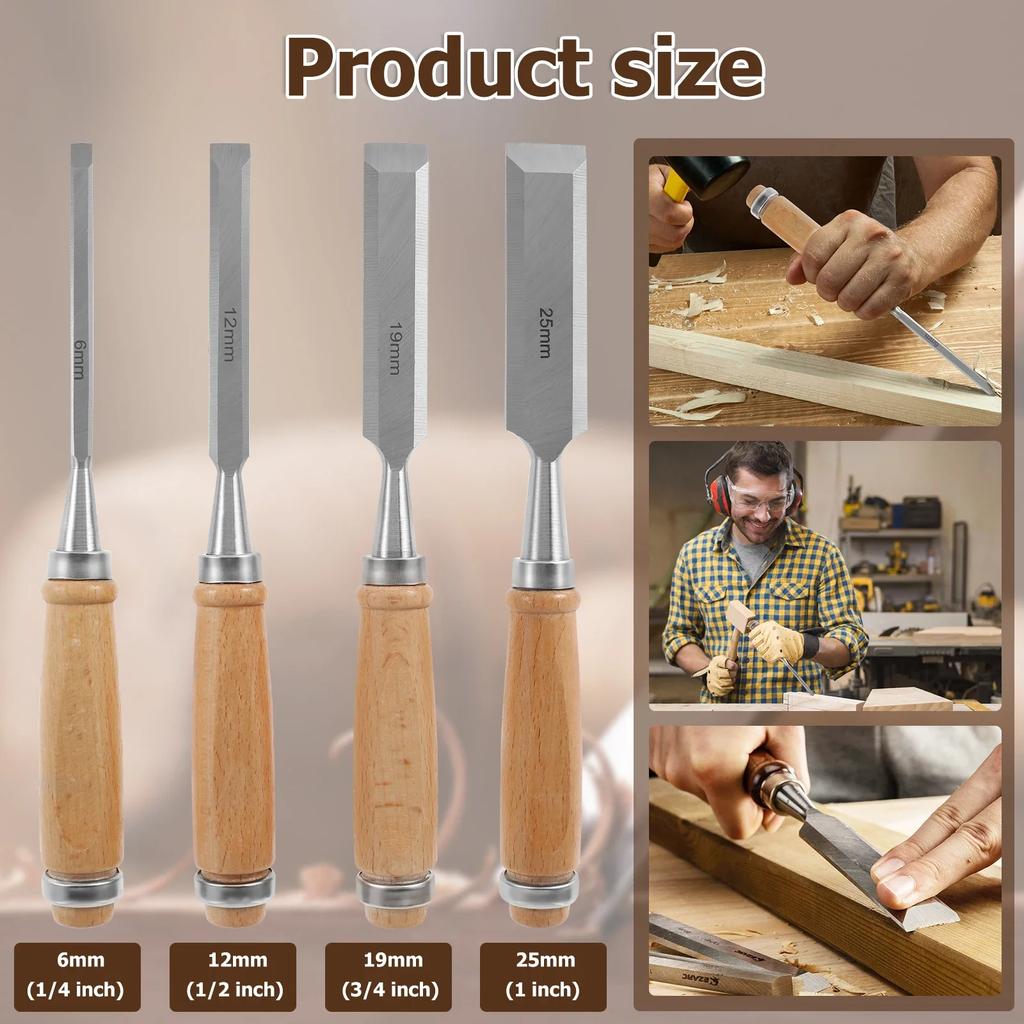 4/12Pcs Wood Chisels Set Sharp Chrome-Vanadium Steel Wood Carving Chisels Ergonomic Wood Carving Tools for Carpentry Woodworking