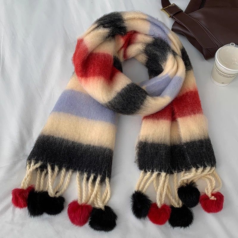 Vinter Dopamin Regnbågsrandig Tjock Varm Borstad Frans Pälsboll Scarf