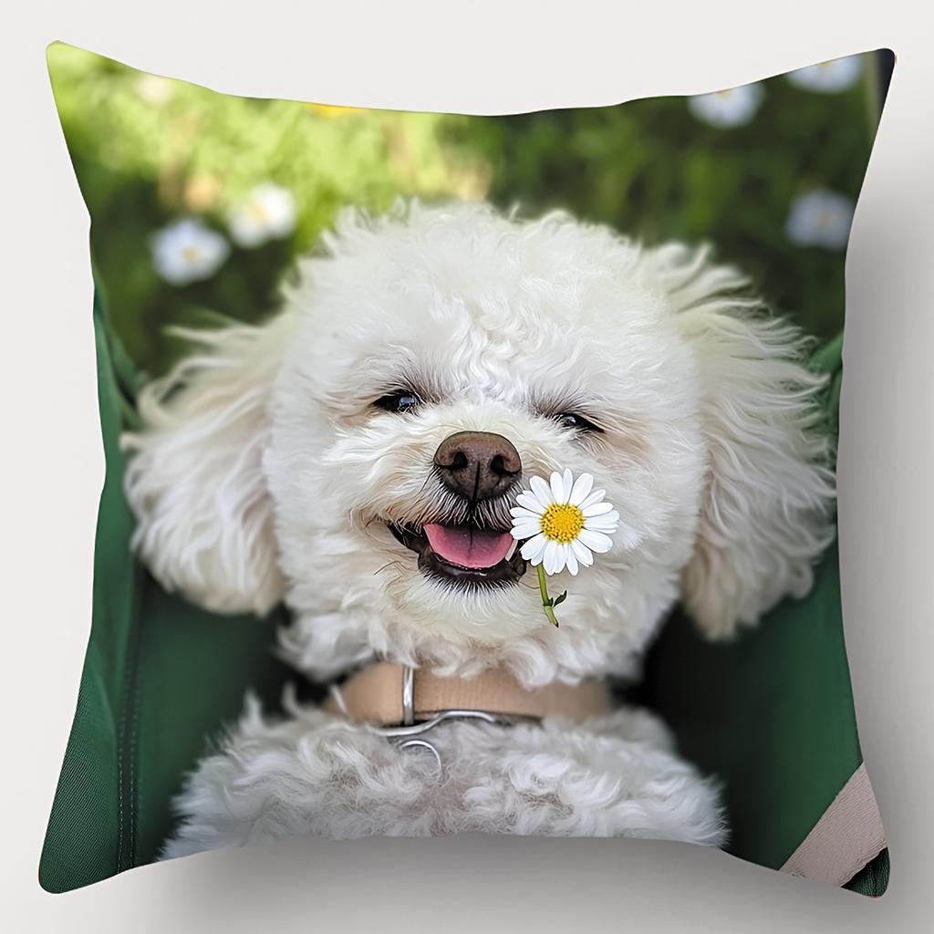 Cute White Dogs with Daisy Patterned Throw Pillows Polyester pillowcase, sofa decorative cushion cov Headboard Pillow