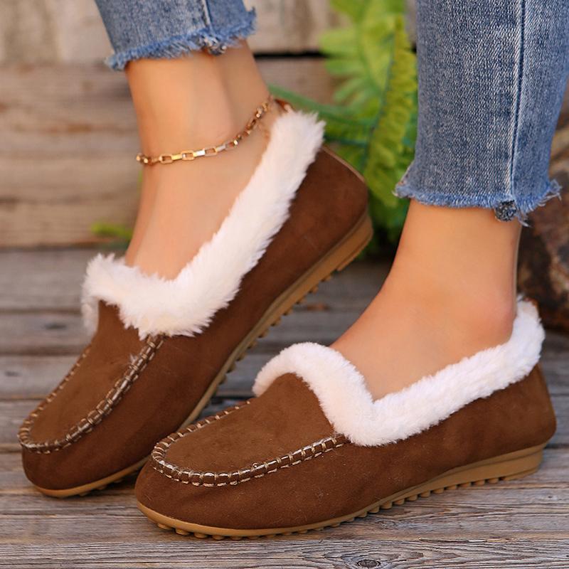 Lucyever 2024 Winter Slip On Thick Plush Flats Shoes for Women Comfort Warm Casual Shoes Woman Solid Color Soft Sole Loafers